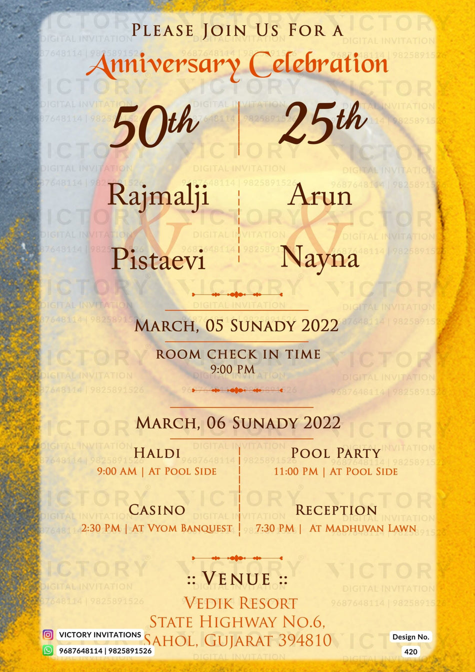 25th & 50th Wedding Anniversary invitation card in English language with frame as vintage theme design 420