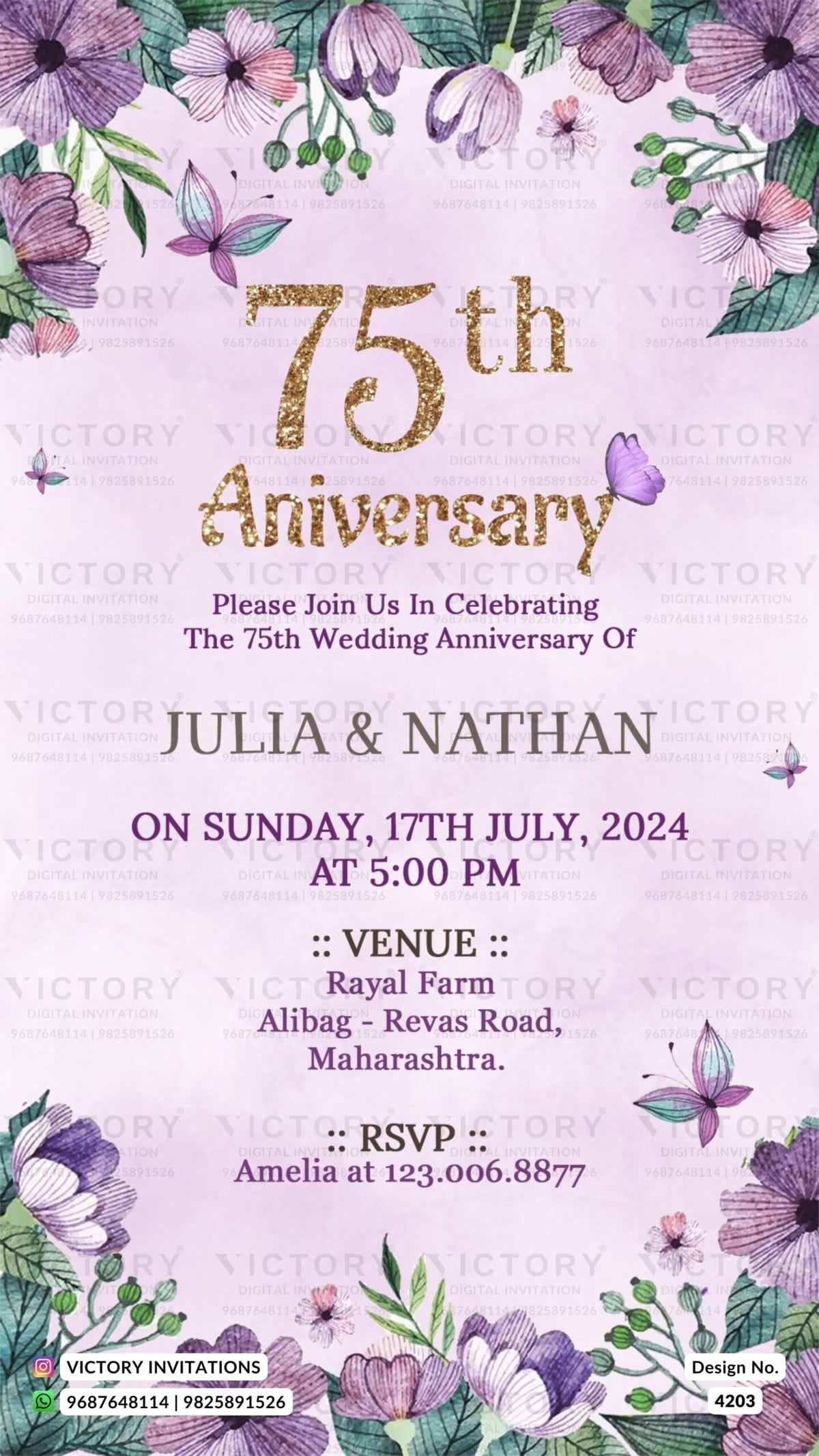 75th Wedding Anniversary invitation card in English language with leaves, butterfly as floral theme design 4203