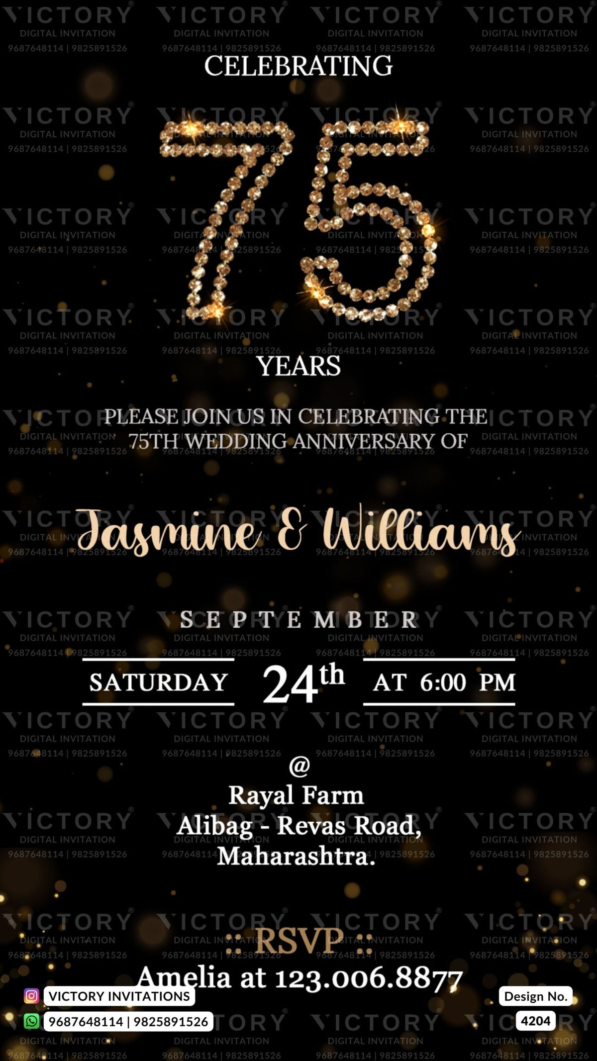 75th Wedding Anniversary invitation card in English language with sparkle as minimalistic theme design 4204