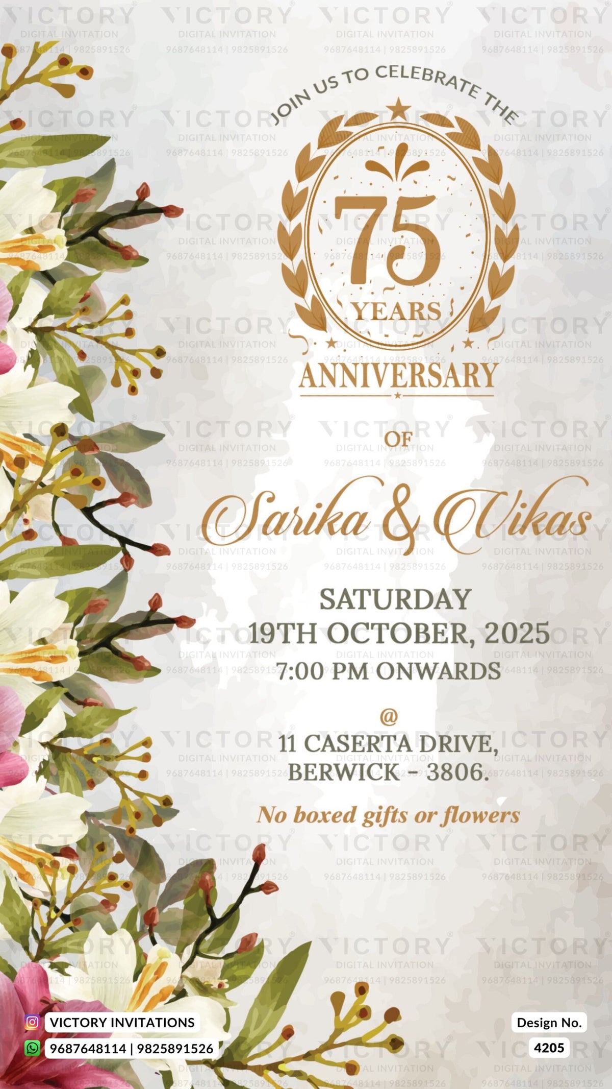 75th Wedding Anniversary invitation card in English language with leaves as floral theme design 4205