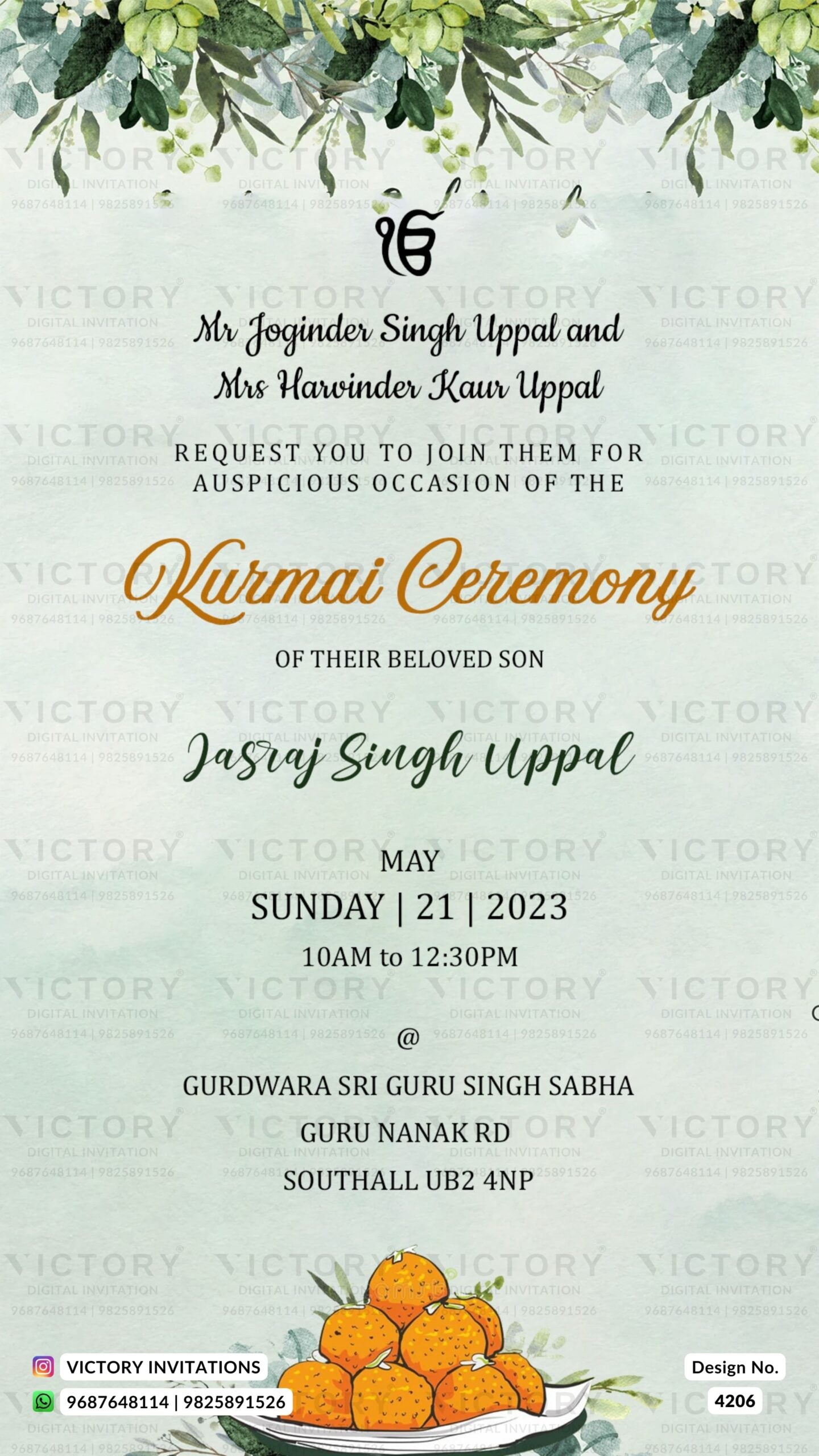 Kurmai ceremony invitation card in english language with flowers as floral theme design 4206