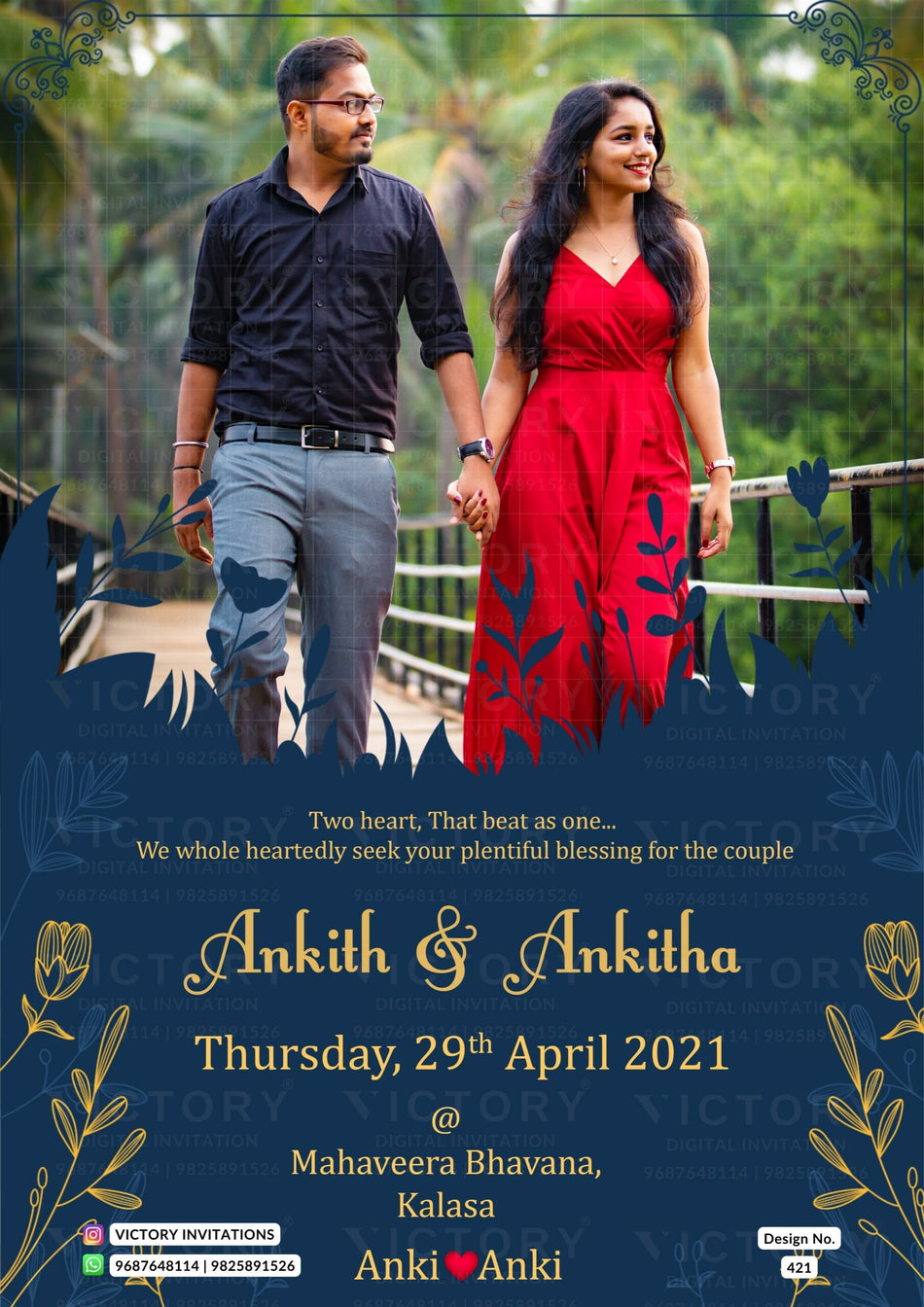 Wedding ceremony invitation card of hindu south indian kannada family in english language with couple photo theme design 421