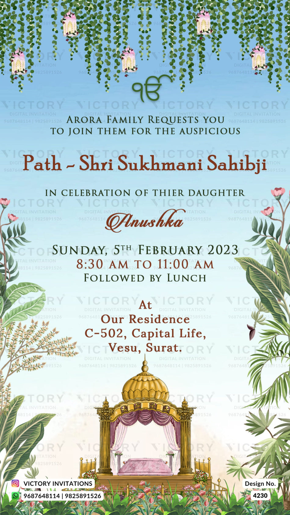 Sukhmani Sahib Path invitation card in english language with temple, leaves as floral theme design 4230