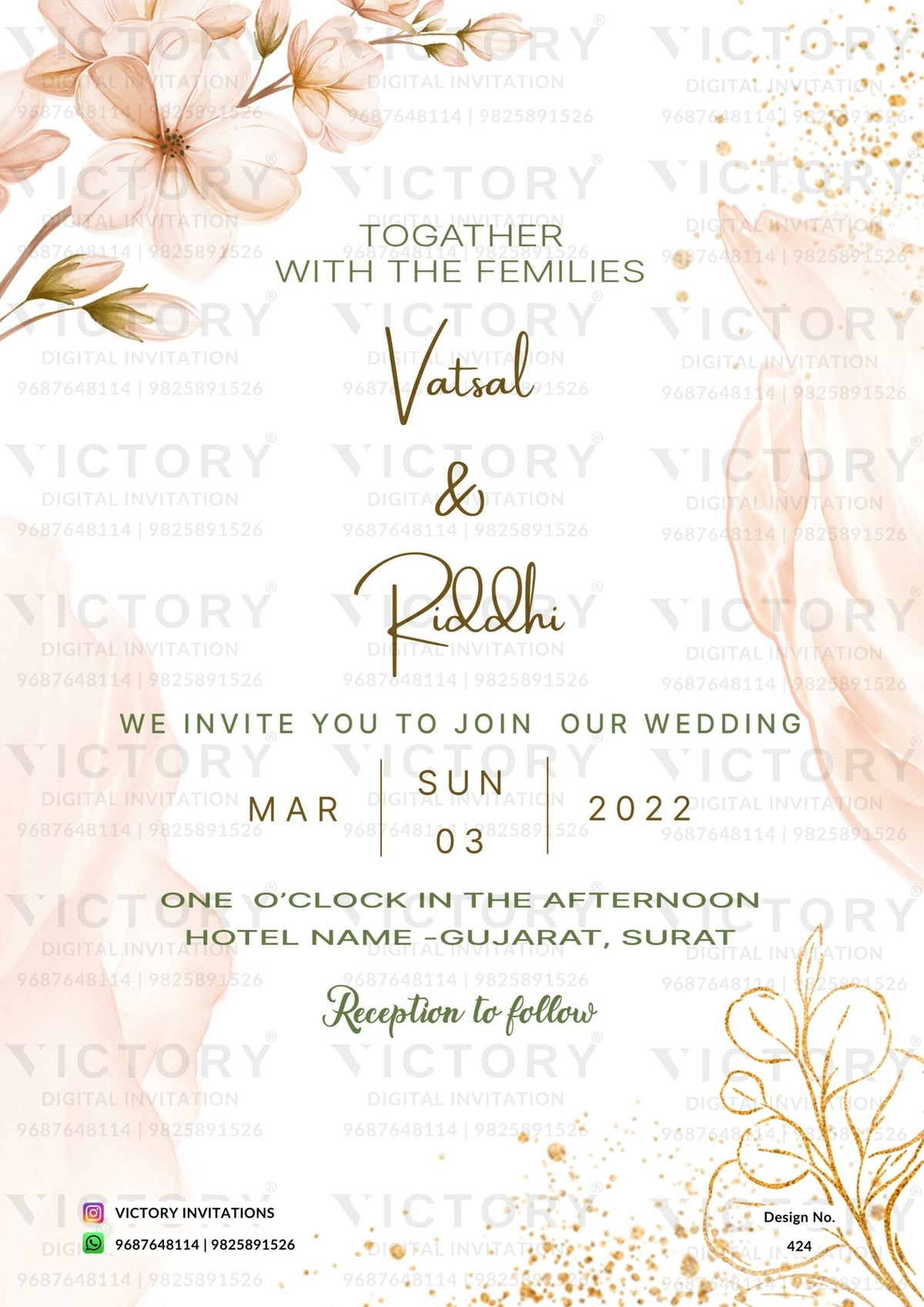 Wedding ceremony invitation card of hindu gujarati patel family in english language with Floral theme design 424