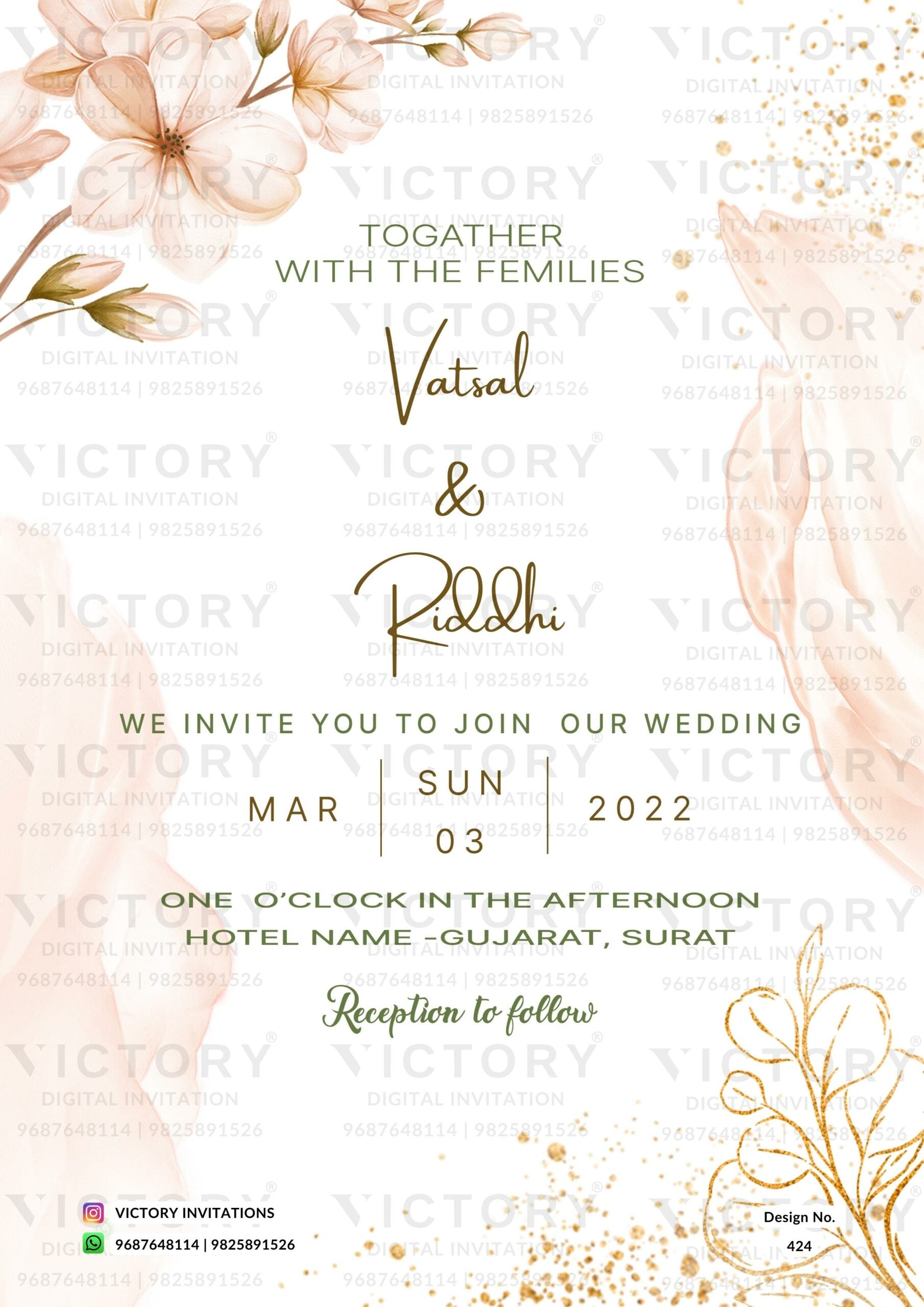 Wedding ceremony invitation card of hindu gujarati patel family in english language with Floral theme design 424