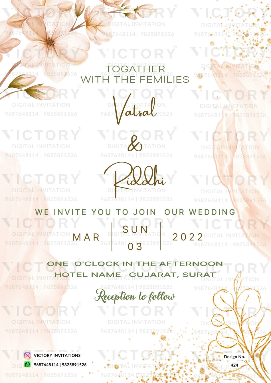 Wedding ceremony invitation card of hindu gujarati patel family in english language with Floral theme design 424