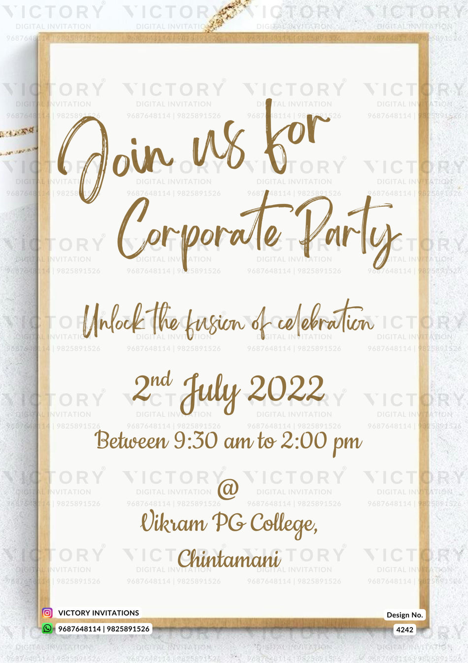 Corporate party invitation card in english language with frame as minimalistic theme design 4242