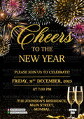 New Year Party invitation card in english language with crackers, glass as glittery theme design 4246