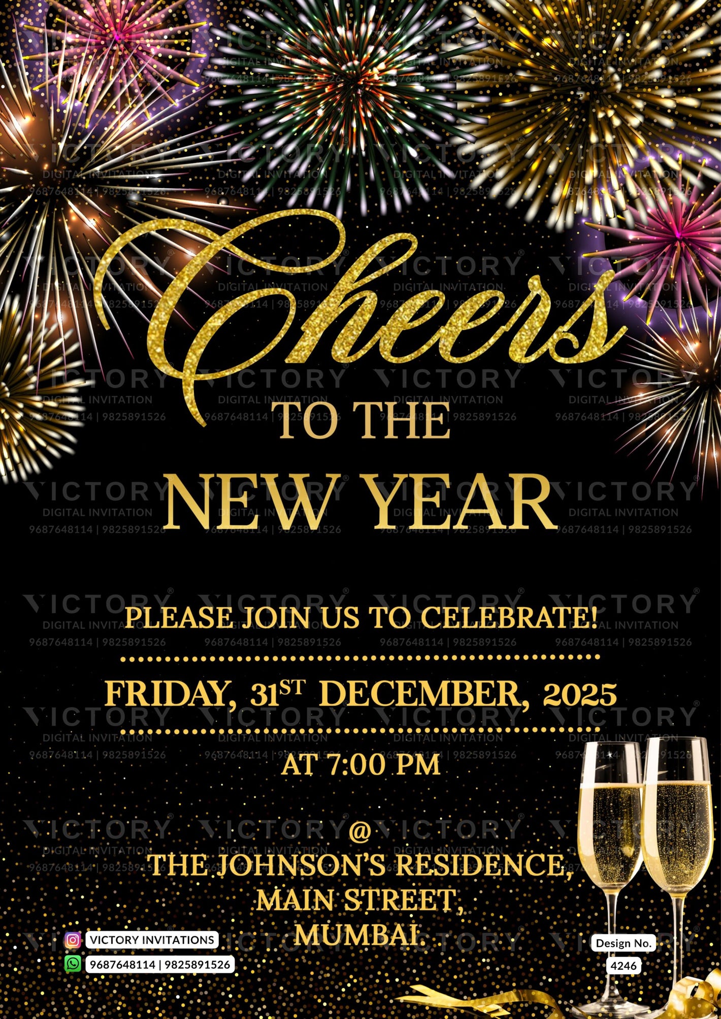 New Year Party invitation card in english language with crackers, glass as glittery theme design 4246