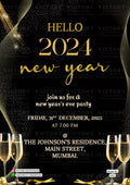 New Year Party invitation card in english language with glass as glittery theme design 4247
