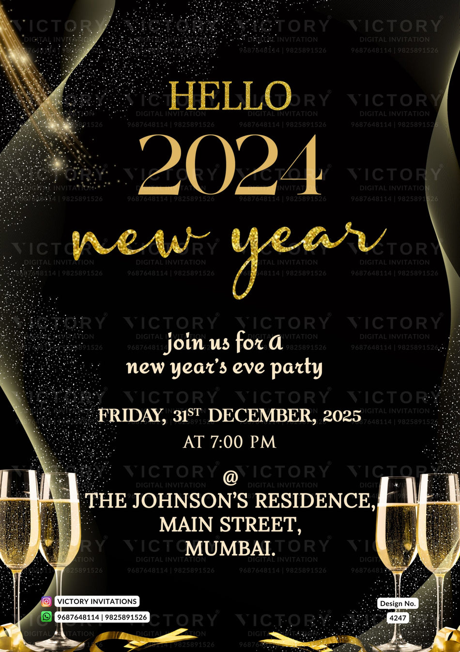New Year Party invitation card in english language with glass as glittery theme design 4247