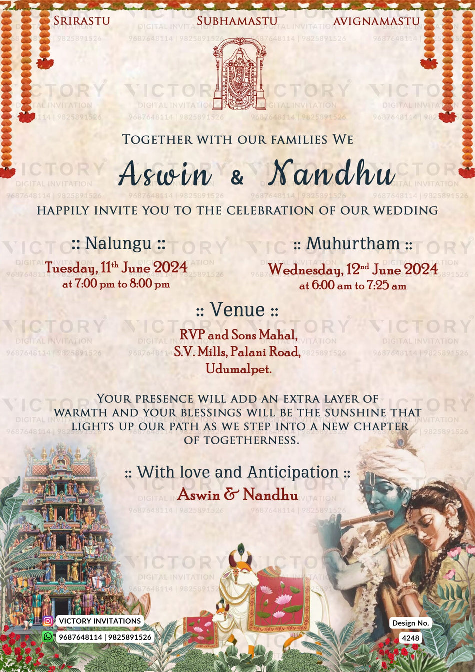 Wedding ceremony invitation card of hindu south indian tamil family in english language with temple theme design 4248