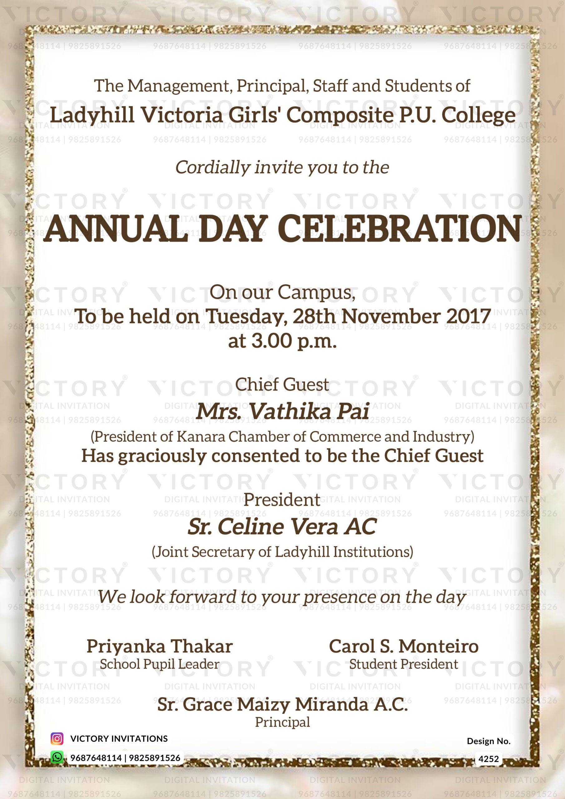 Function Language Invitation Annual Function invitation card in english language with golden frame ...