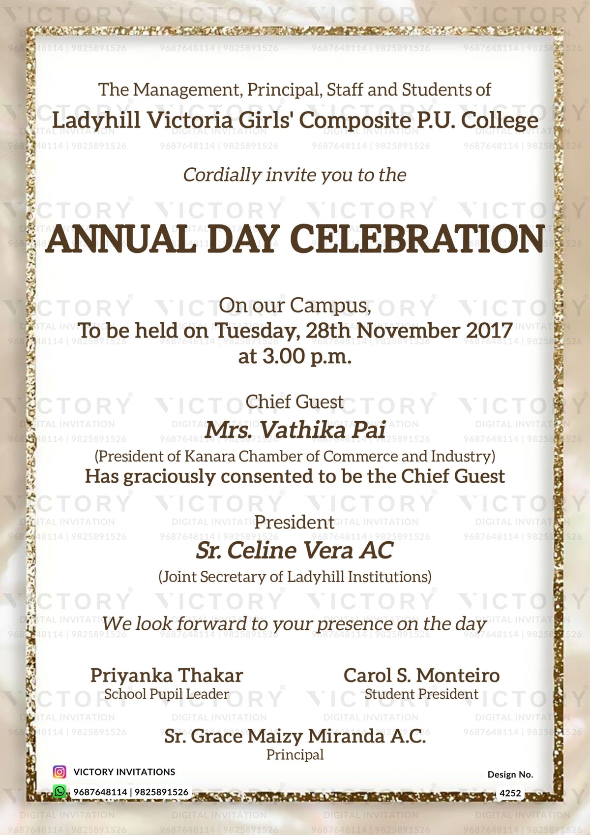 Annual Function invitation card in english language with golden frame ...