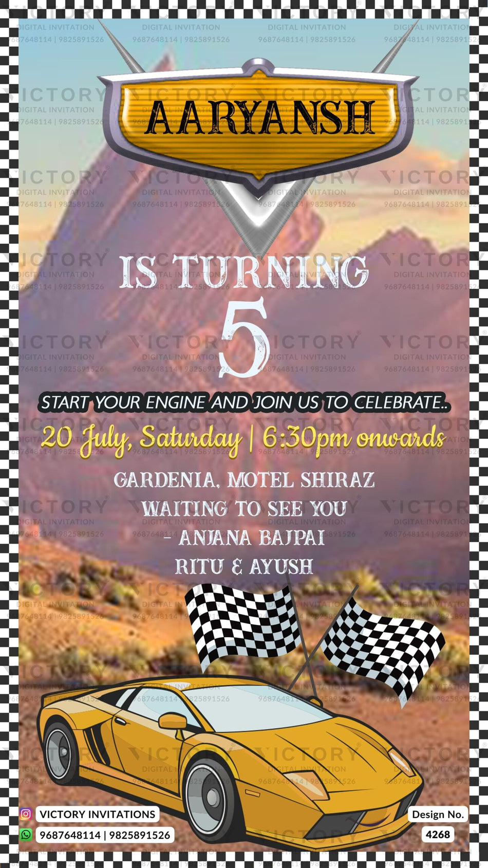 Birthday party invitation card for boy in english language with car, flag as mountain theme design 4268