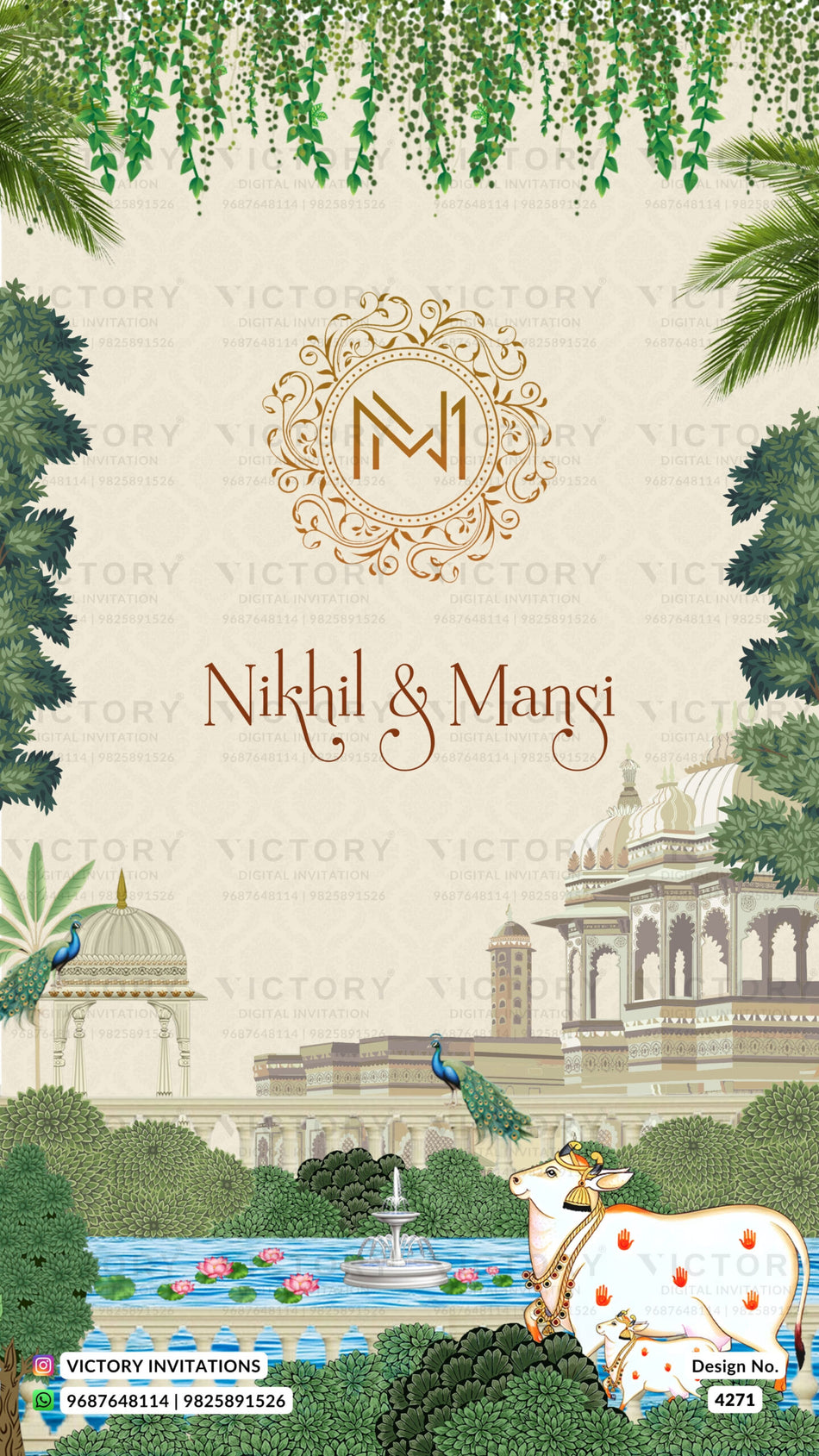 Wedding ceremony invitation card of hindu gujarati kathiyawadi family in gujarati language with garden theme design 4271