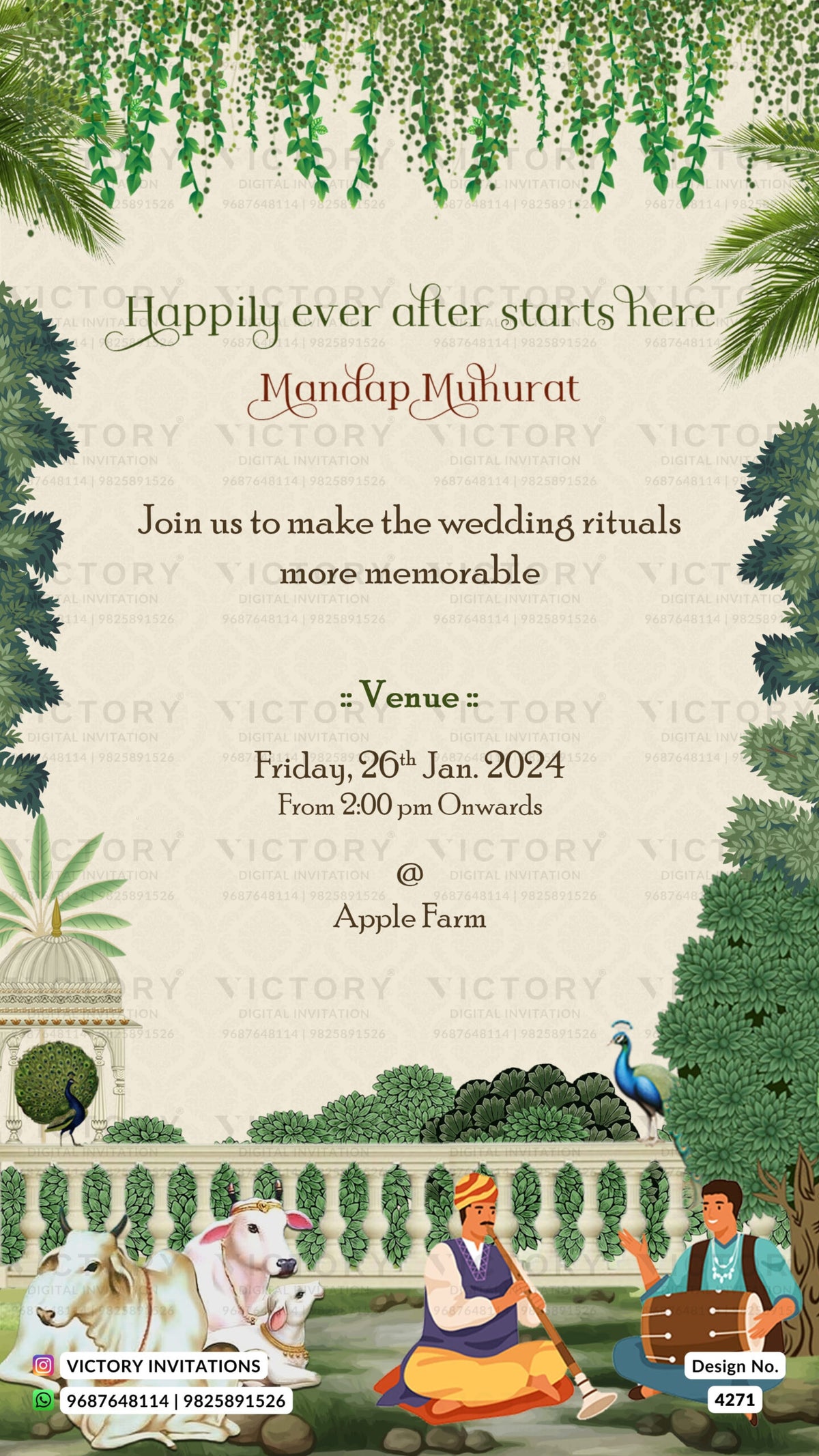 Wedding ceremony invitation card of hindu gujarati kathiyawadi family in gujarati language with garden theme design 4271