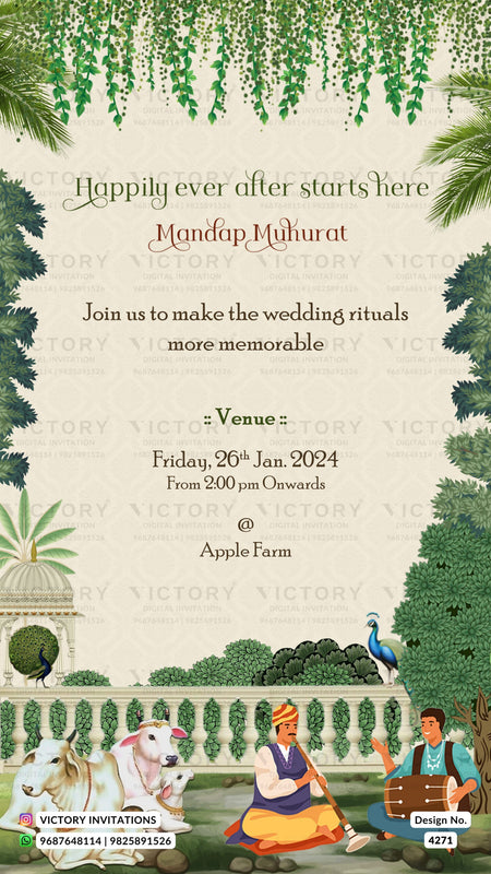Wedding ceremony invitation card of hindu gujarati kathiyawadi family in gujarati language with garden theme design 4271