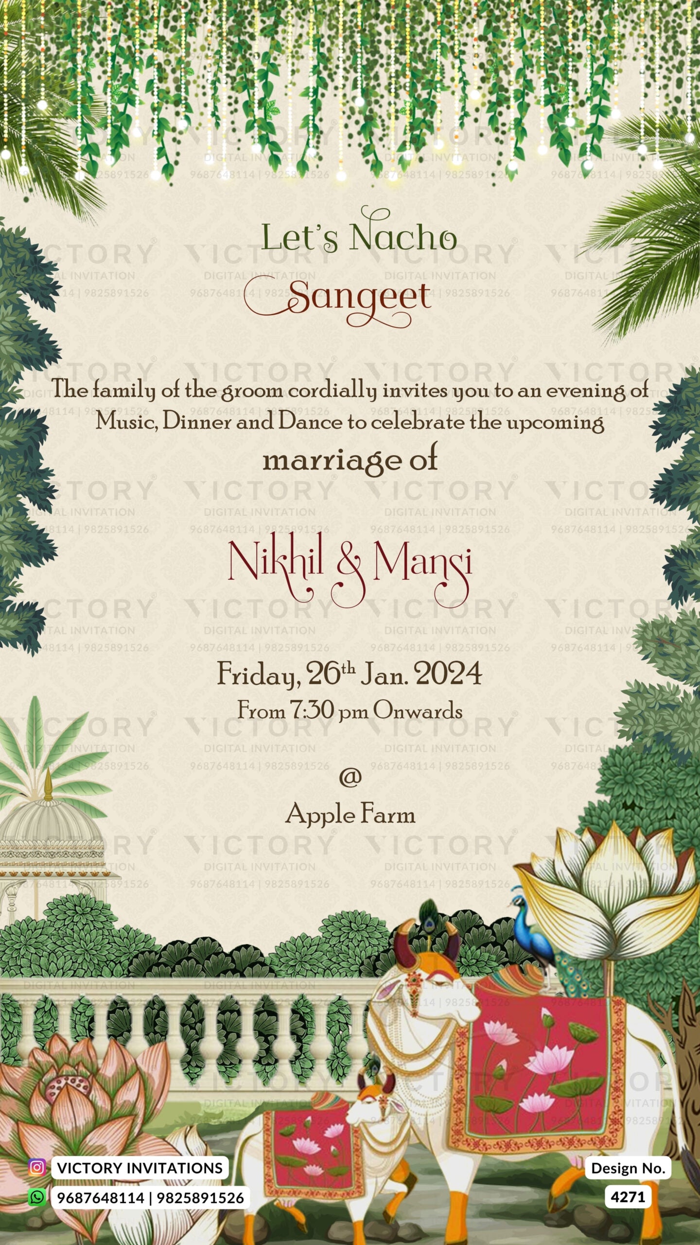 Wedding ceremony invitation card of hindu gujarati kathiyawadi family in gujarati language with garden theme design 4271