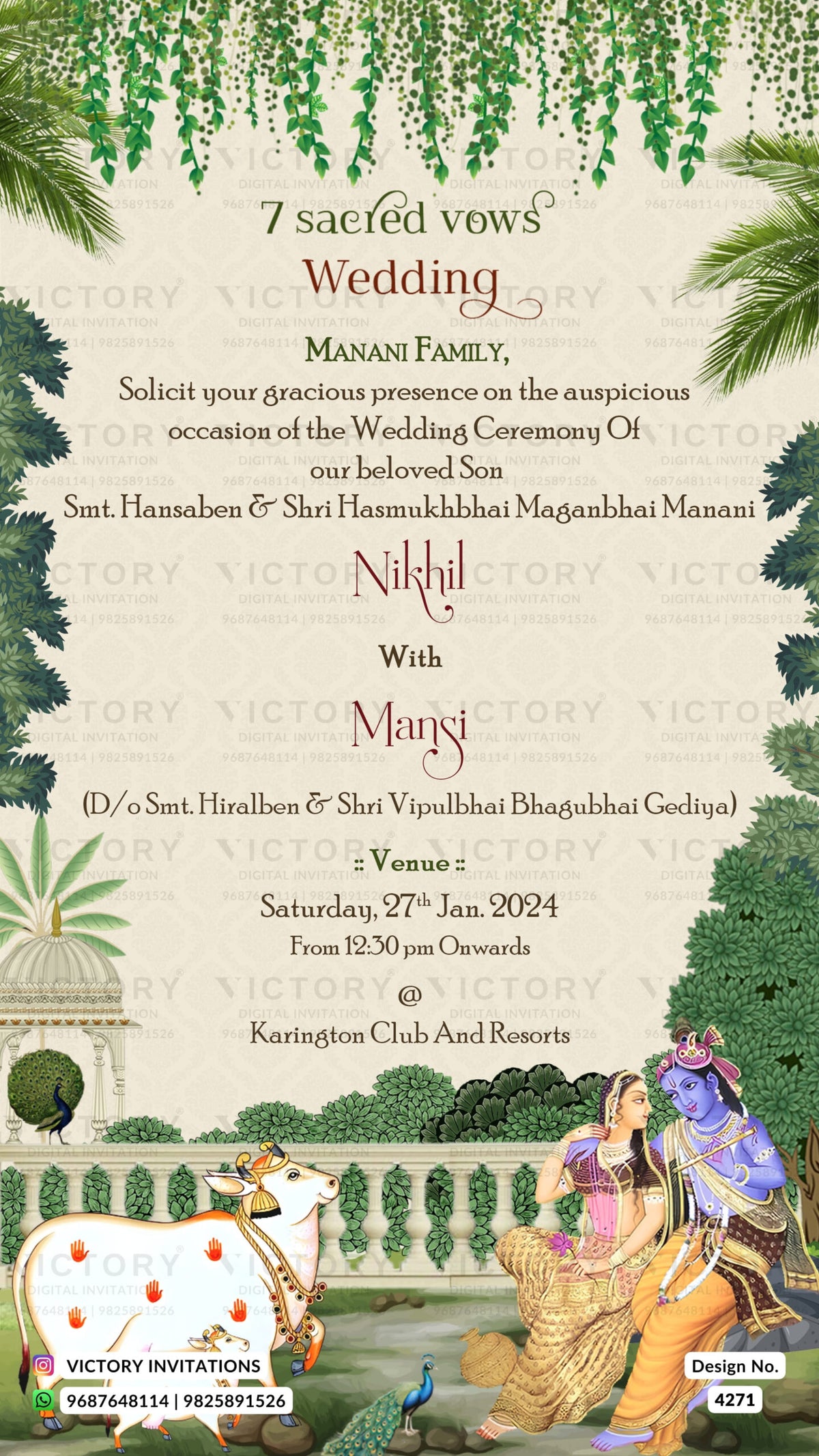Wedding ceremony invitation card of hindu gujarati kathiyawadi family in gujarati language with garden theme design 4271