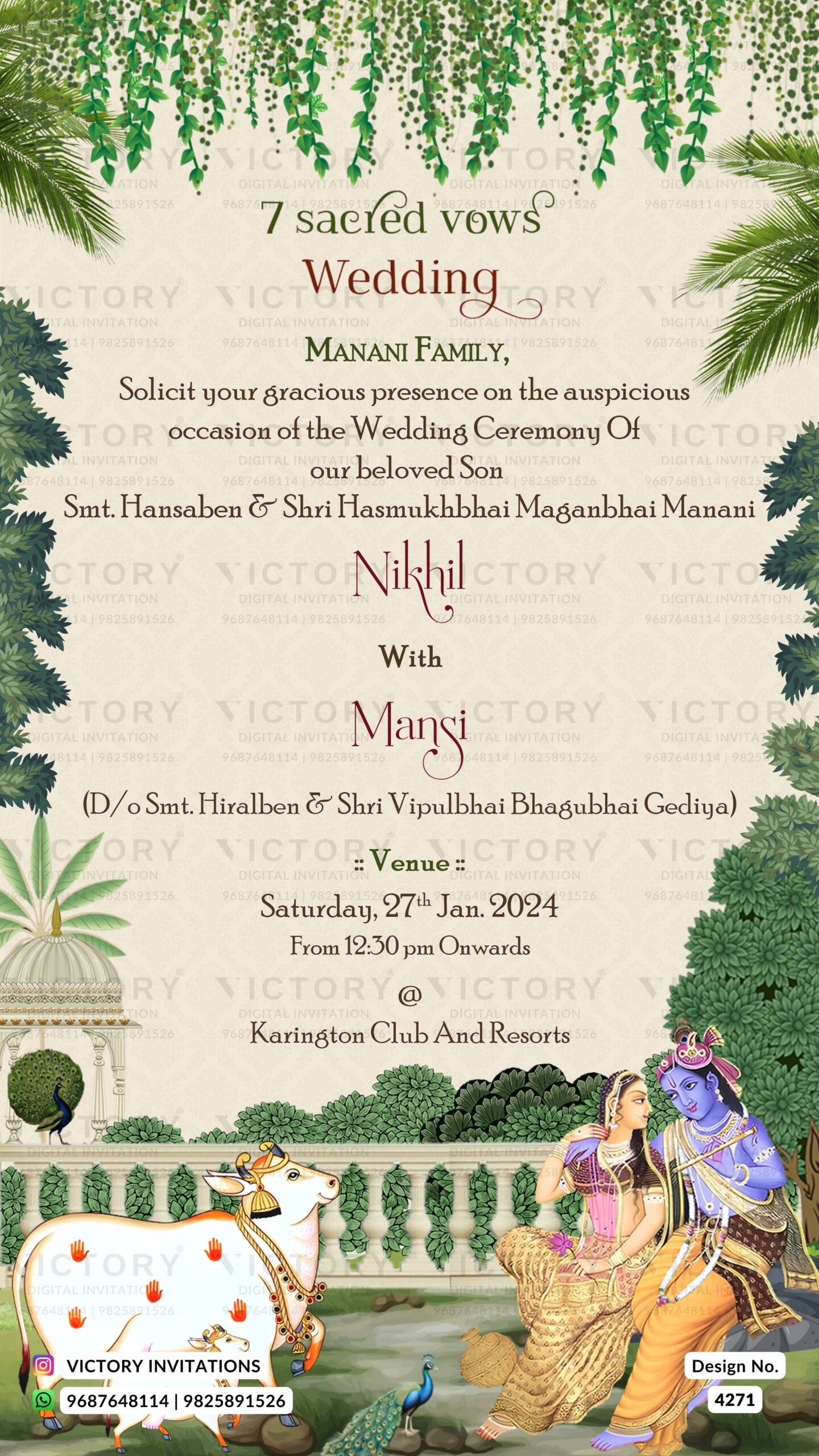 Wedding ceremony invitation card of hindu gujarati kathiyawadi family in gujarati language with garden theme design 4271
