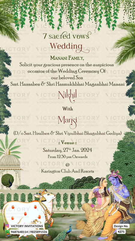 Wedding ceremony invitation card of hindu gujarati kathiyawadi family in gujarati language with garden theme design 4271