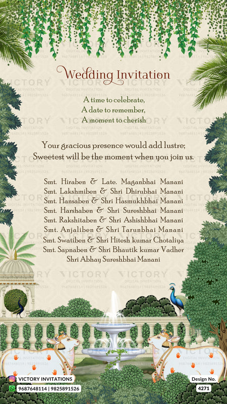 Wedding ceremony invitation card of hindu gujarati kathiyawadi family in gujarati language with garden theme design 4271