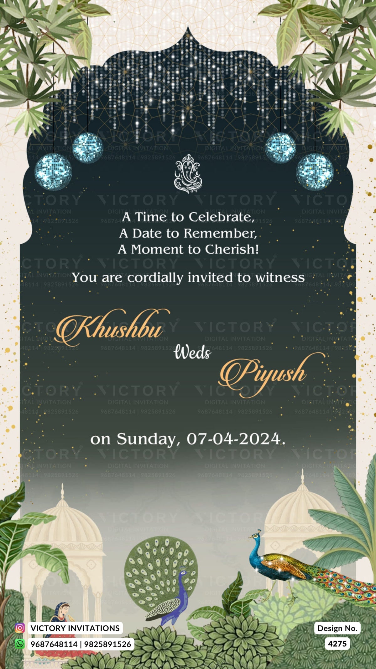 Save the Date card in english language with peacock, leaves as arch theme design 4275