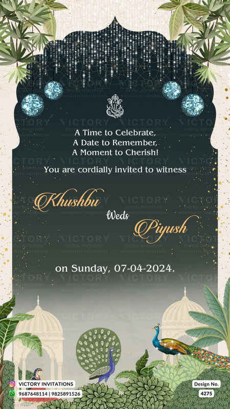 Save the Date card in english language with peacock, leaves as arch theme design 4275