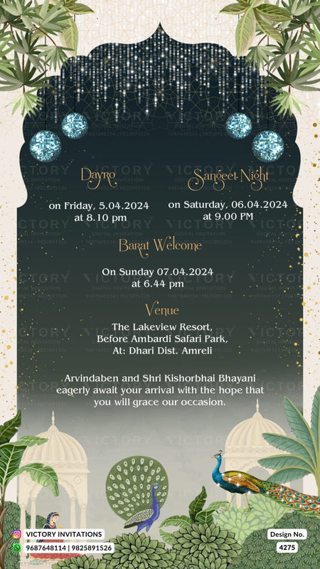 Save the Date card in english language with peacock, leaves as arch theme design 4275