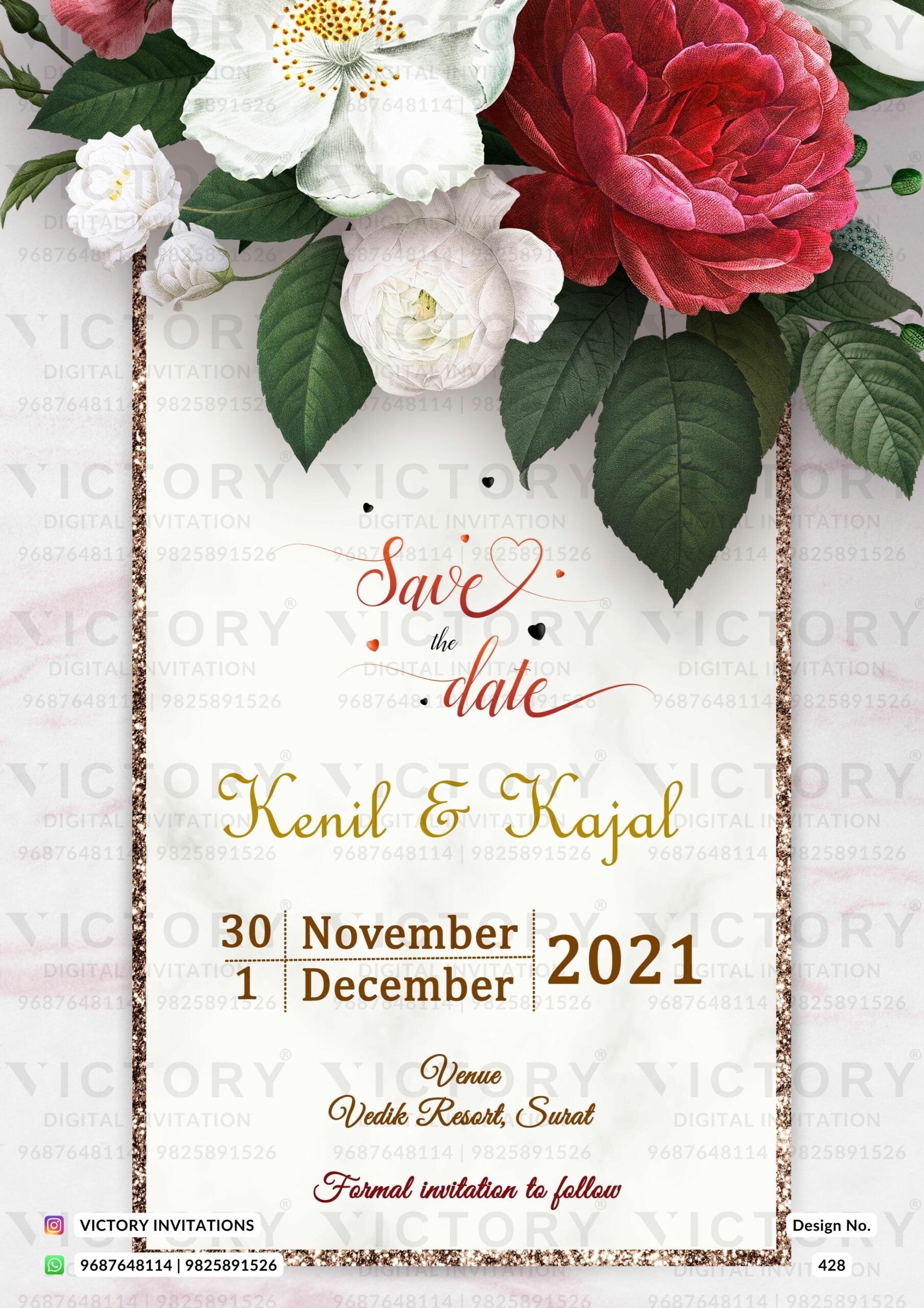 Save the Date card in english language with floral theme design 428