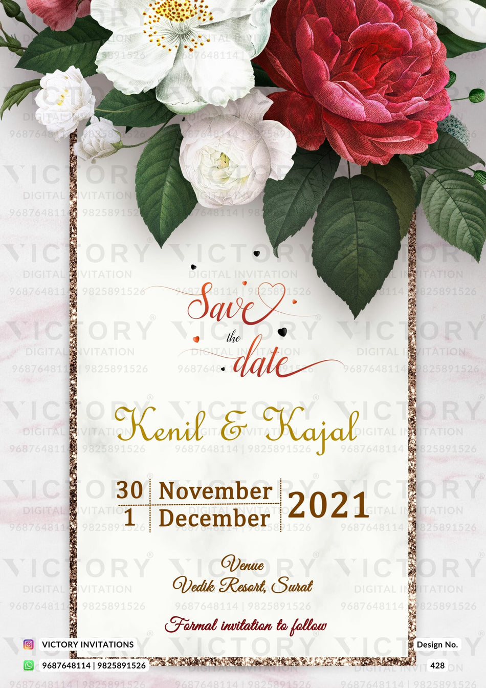 Save the Date card in english language with floral theme design 428