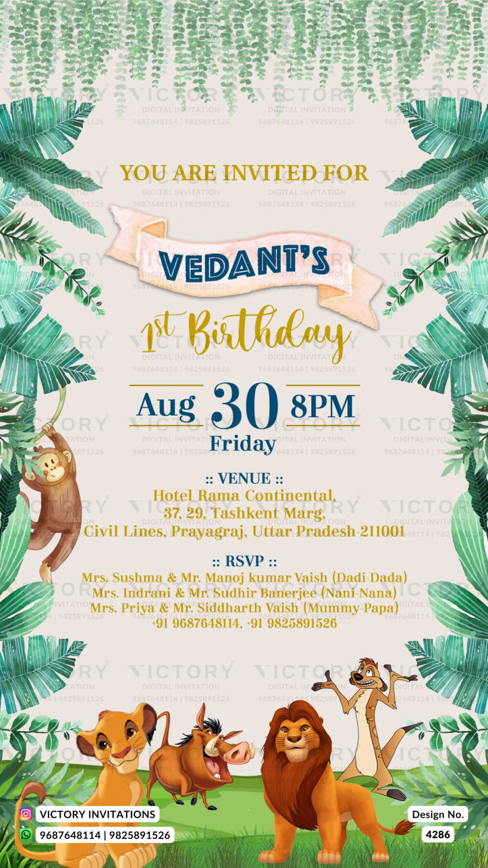 Birthday party invitation card for girl in english language with animals, leaves as forest theme design 4286
