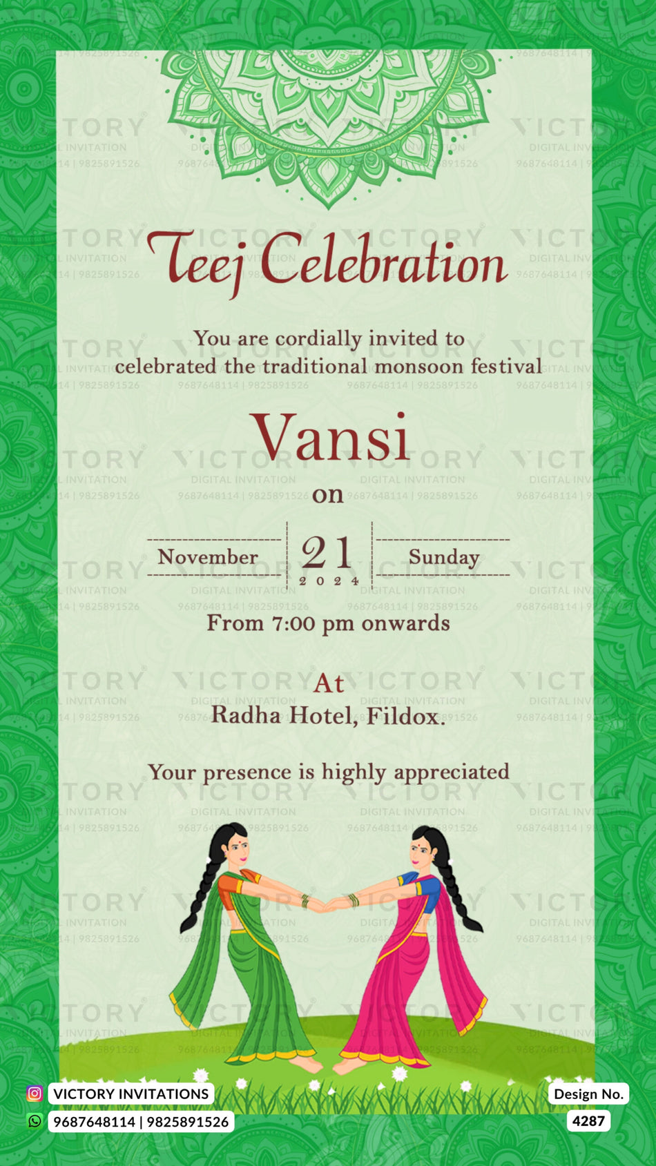 Teej ceremony invitation card in english language with mandala, grass, girl doodle as garden theme design 4287