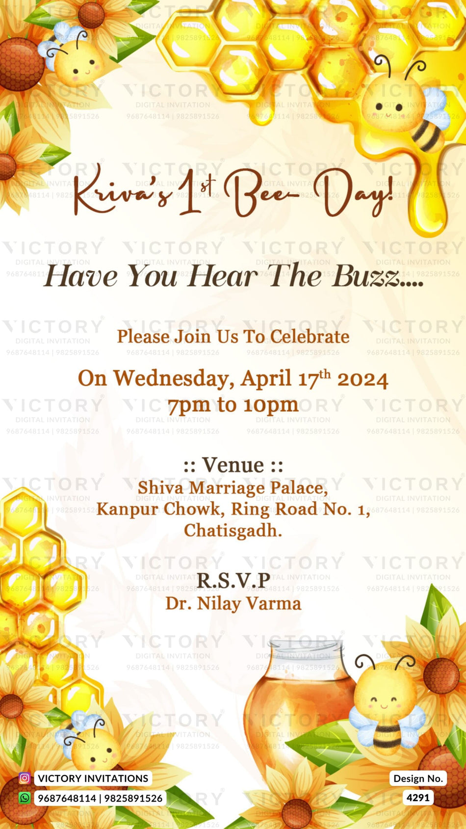 Birthday party invitation card for girl in english language with flowers as honey and bees theme design 4291