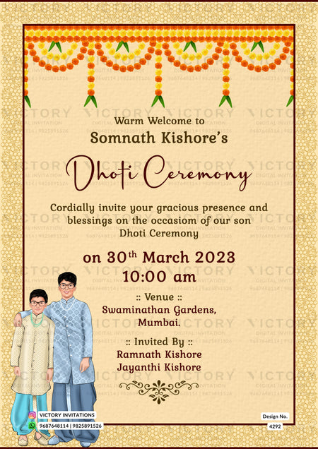 Young boy caricature invitation card for dhoti ceremony in english language with minimilastic theme design 4292