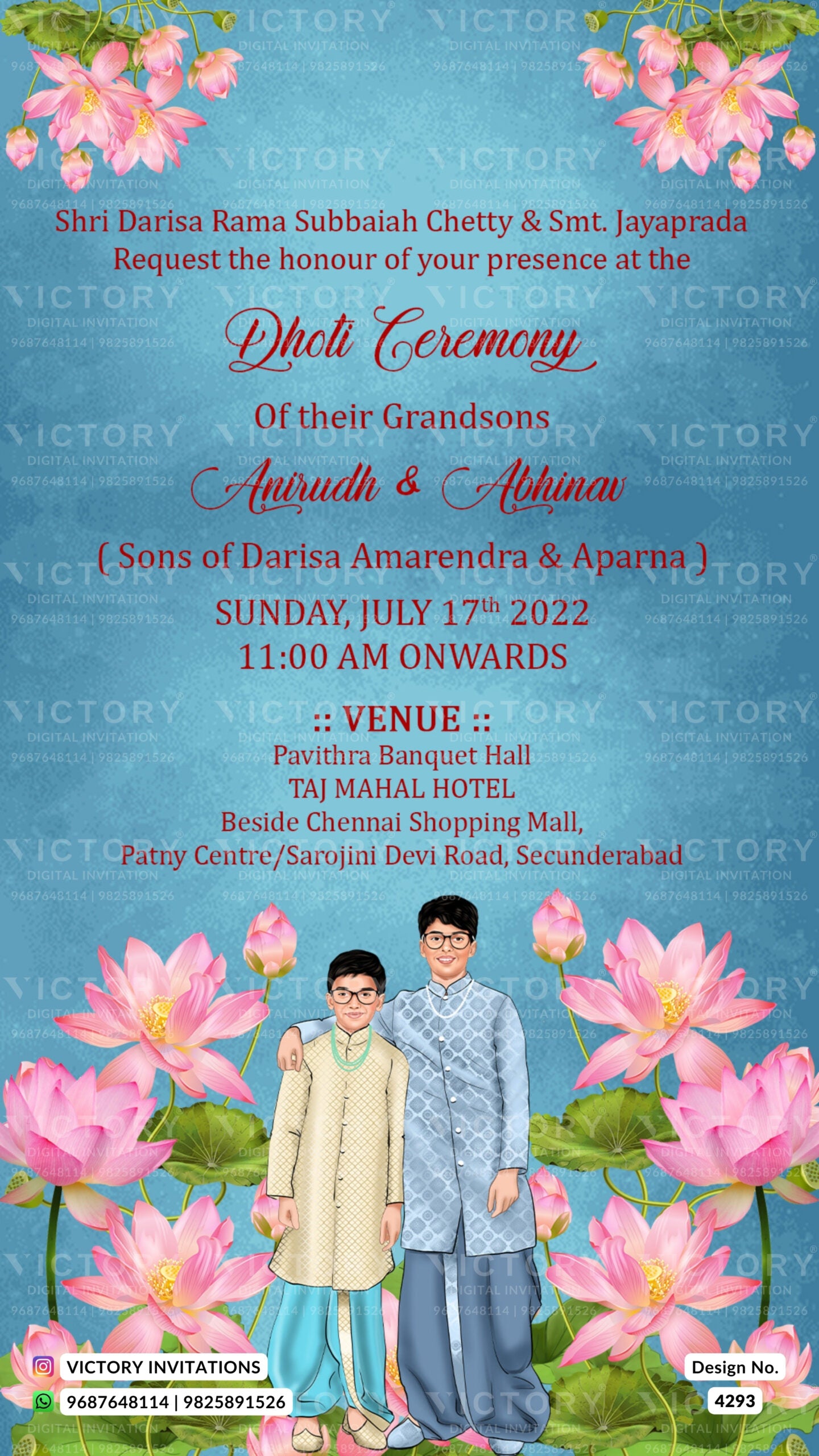 Young boy caricature invitation card for dhoti ceremony in english language with floral theme design 4293
