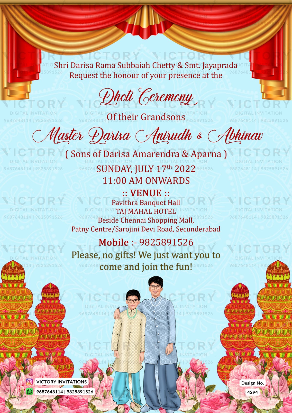 Young boy caricature invitation card for dhoti ceremony in english language with traditional theme design 4294