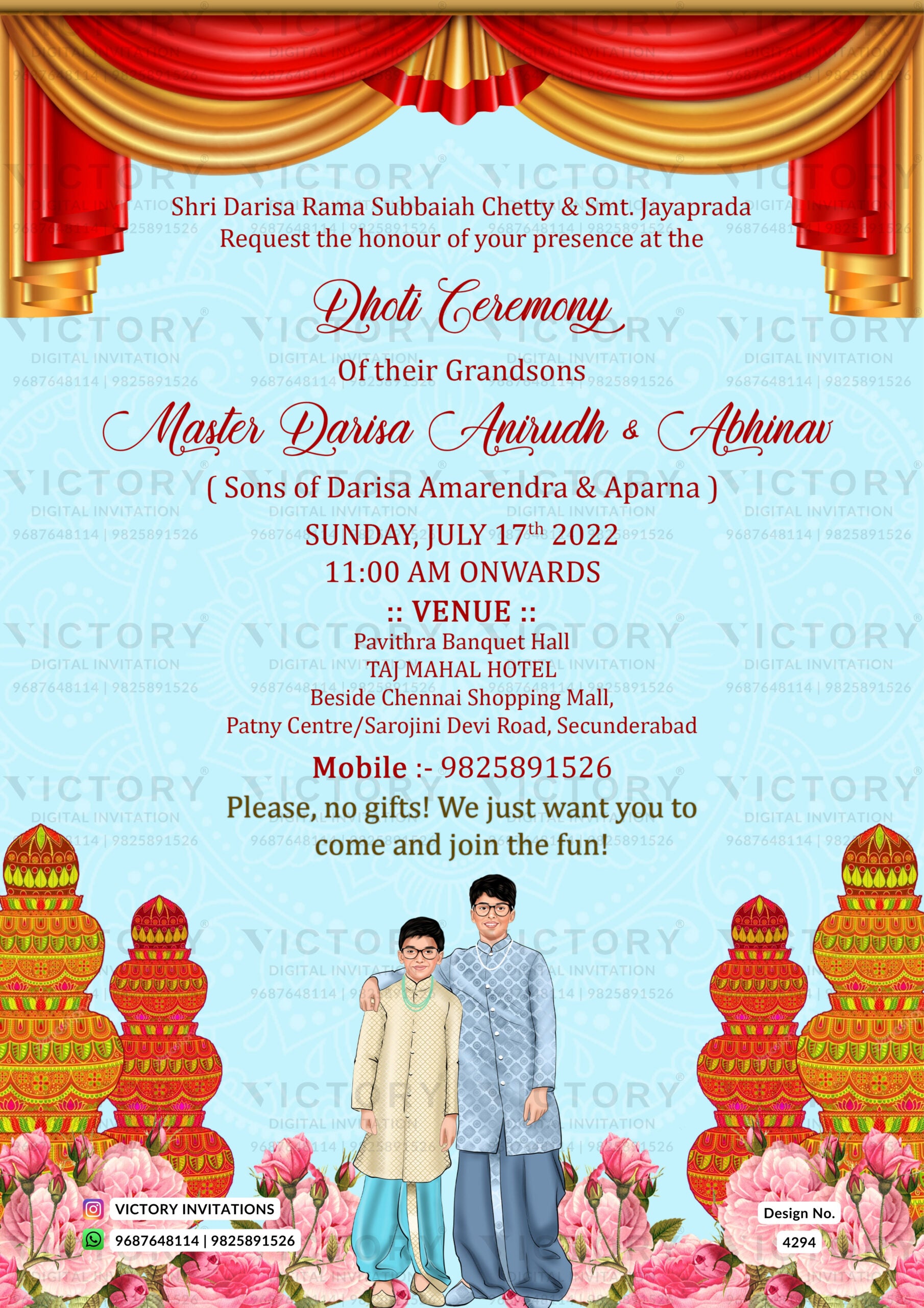 Young boy caricature invitation card for dhoti ceremony in english language with traditional theme design 4294