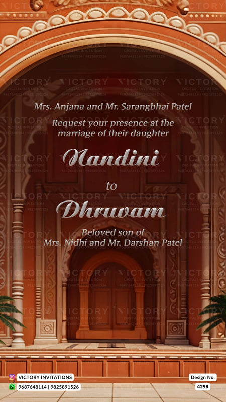 Glittery couple caricature invitation card for wedding ceremony of south indian telugu family in english language with vintage gate theme design 4298