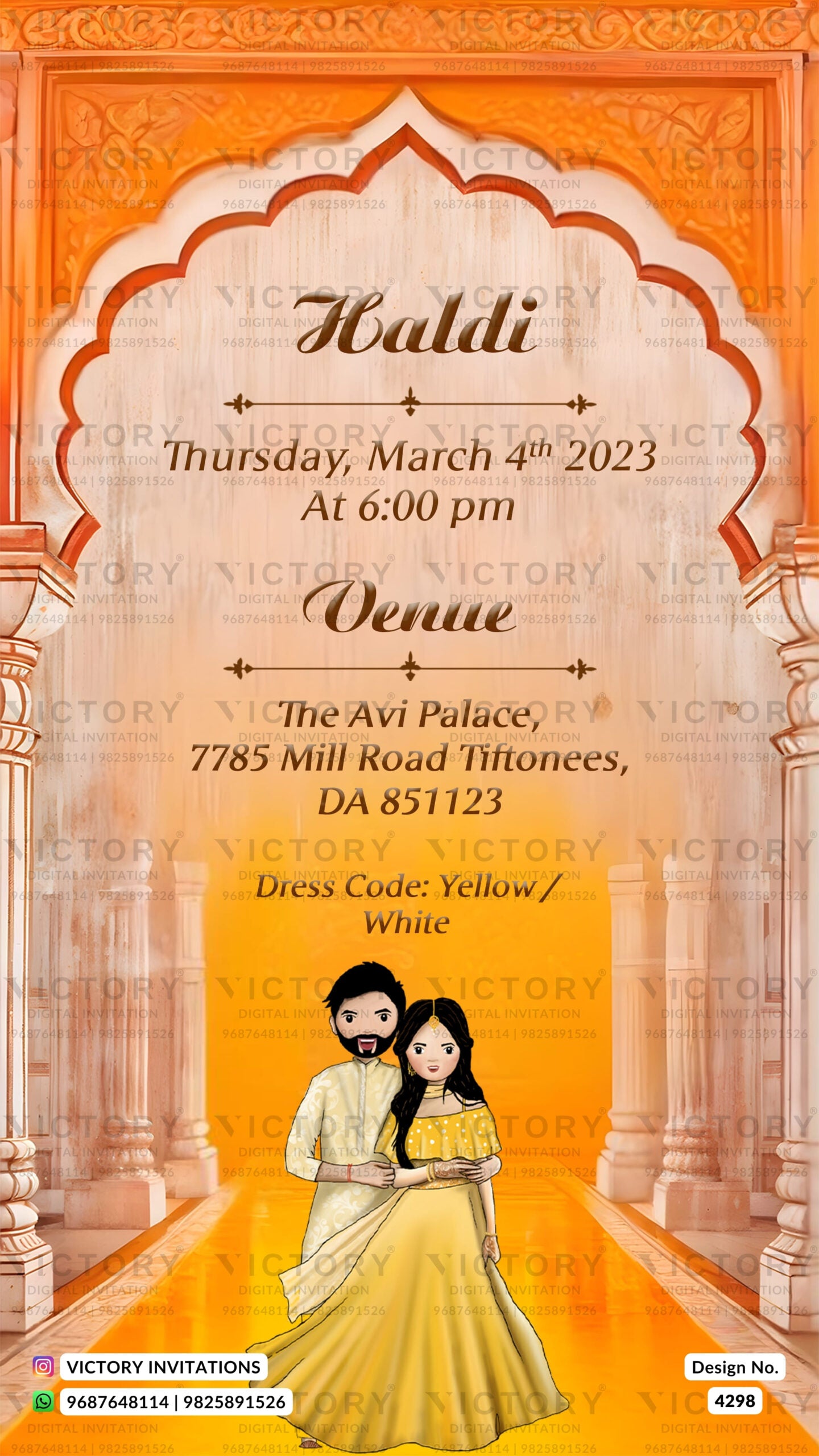 Glittery couple caricature invitation card for wedding ceremony of south indian telugu family in english language with vintage gate theme design 4298