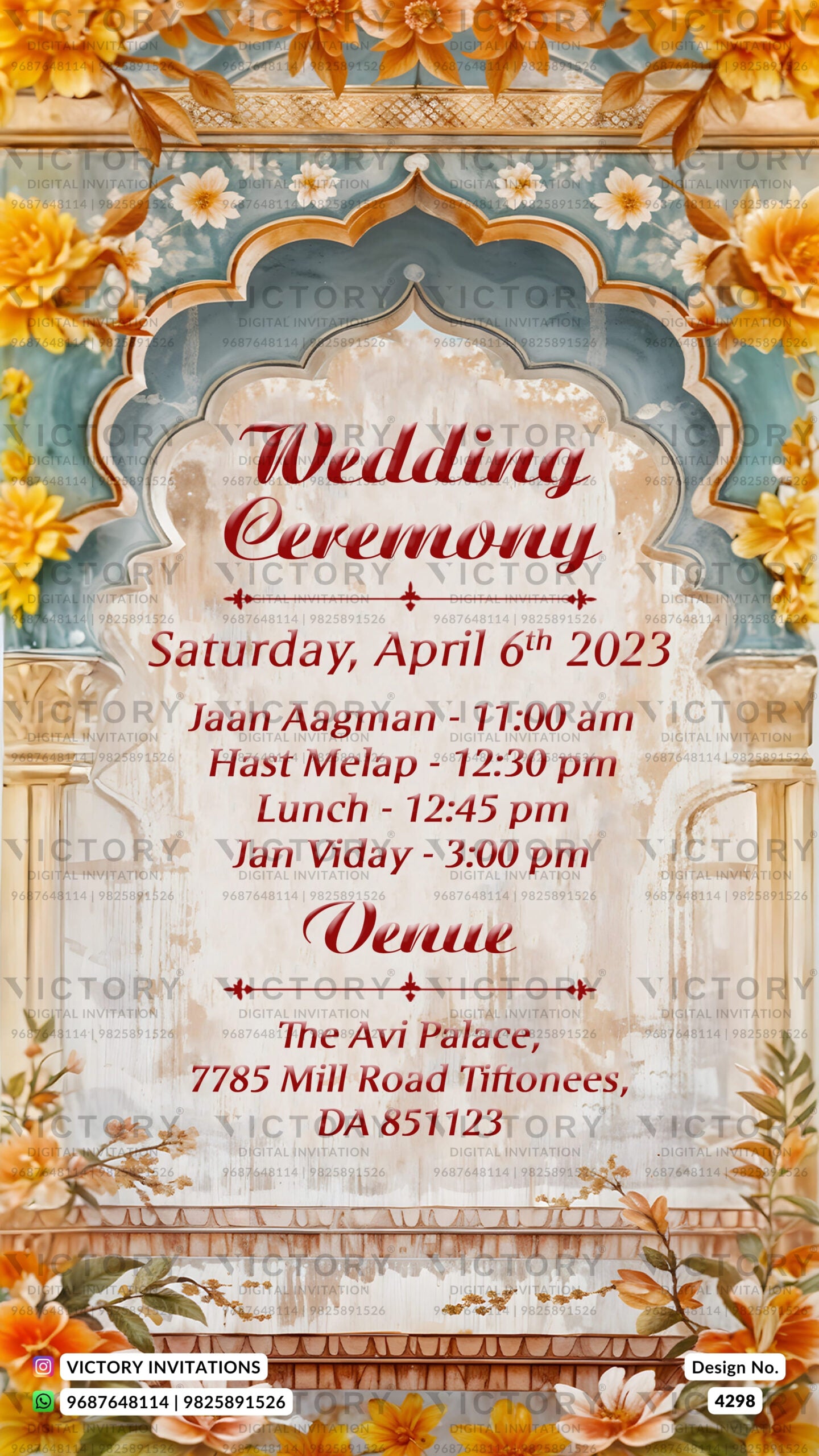 Glittery couple caricature invitation card for wedding ceremony of south indian telugu family in english language with vintage gate theme design 4298