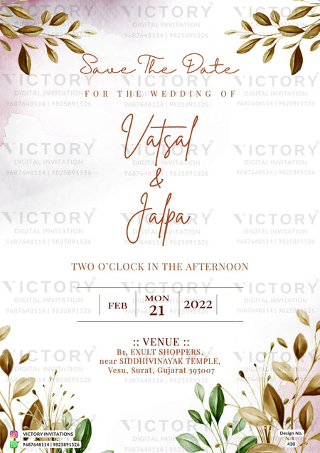 Save the Date card in english language with minimalistic theme design 430