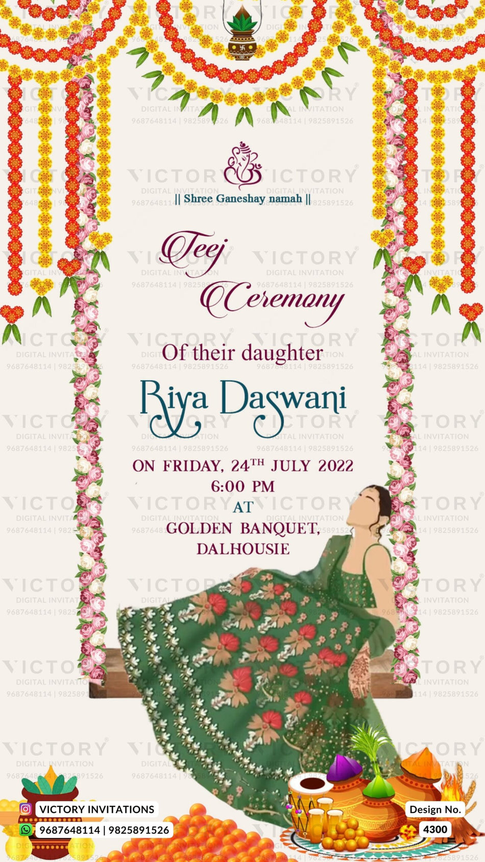Teej ceremony invitation card in english language with swing, kalash as floral theme design 4300