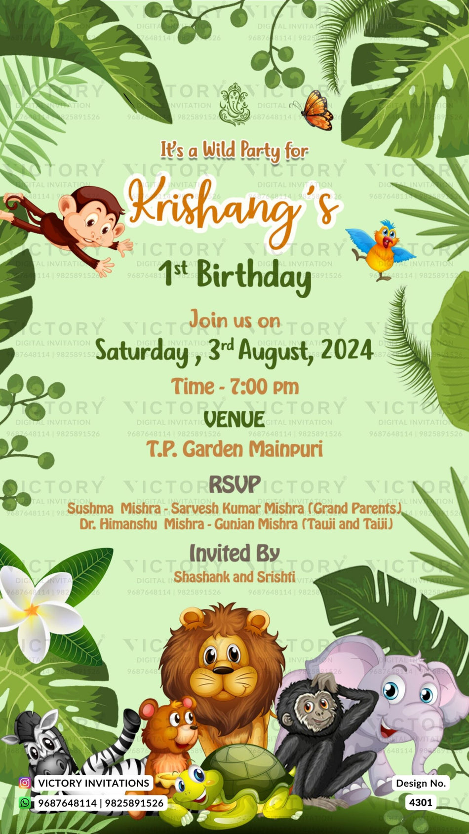 Birthday party invitation card for boy in english language with leaves, flowers as animals theme design 4301