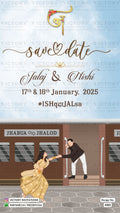 Save the Date card in english language with train, couple doodle as bollywood theme design 4303