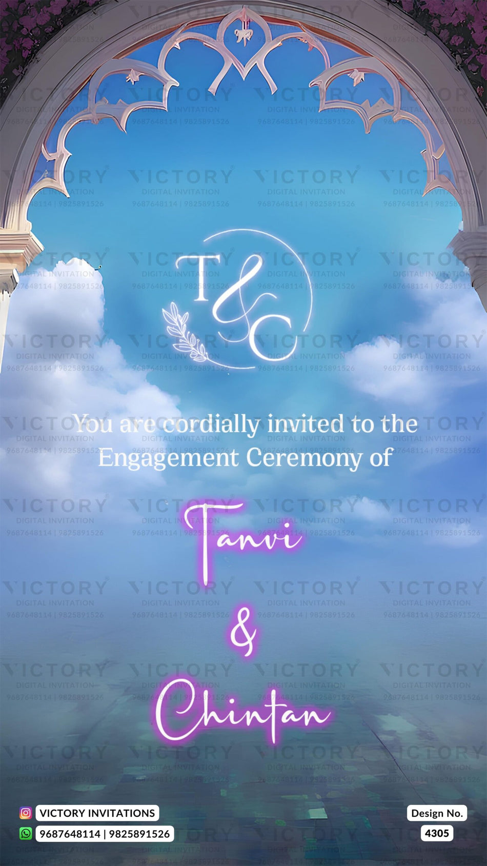 Engagement ceremony invitation card in english language with flowers, gate as garden theme design 4305
