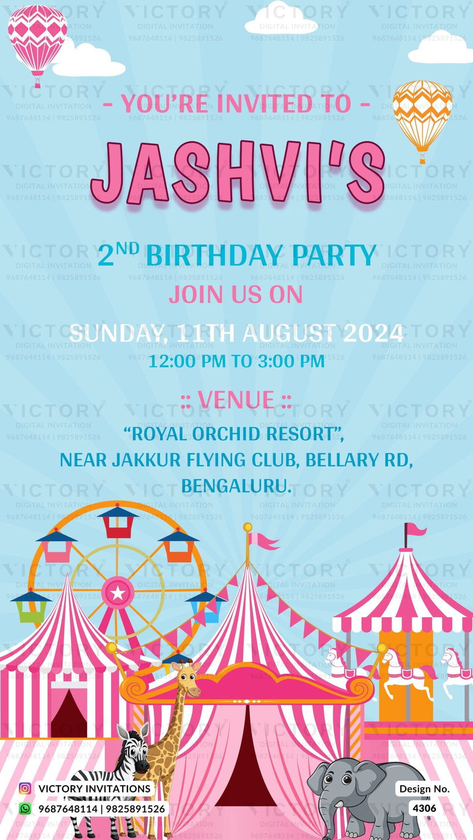 Birthday party invitation card for girl in english language with animal, circus tent, ferris wheel as carnival theme design 4306