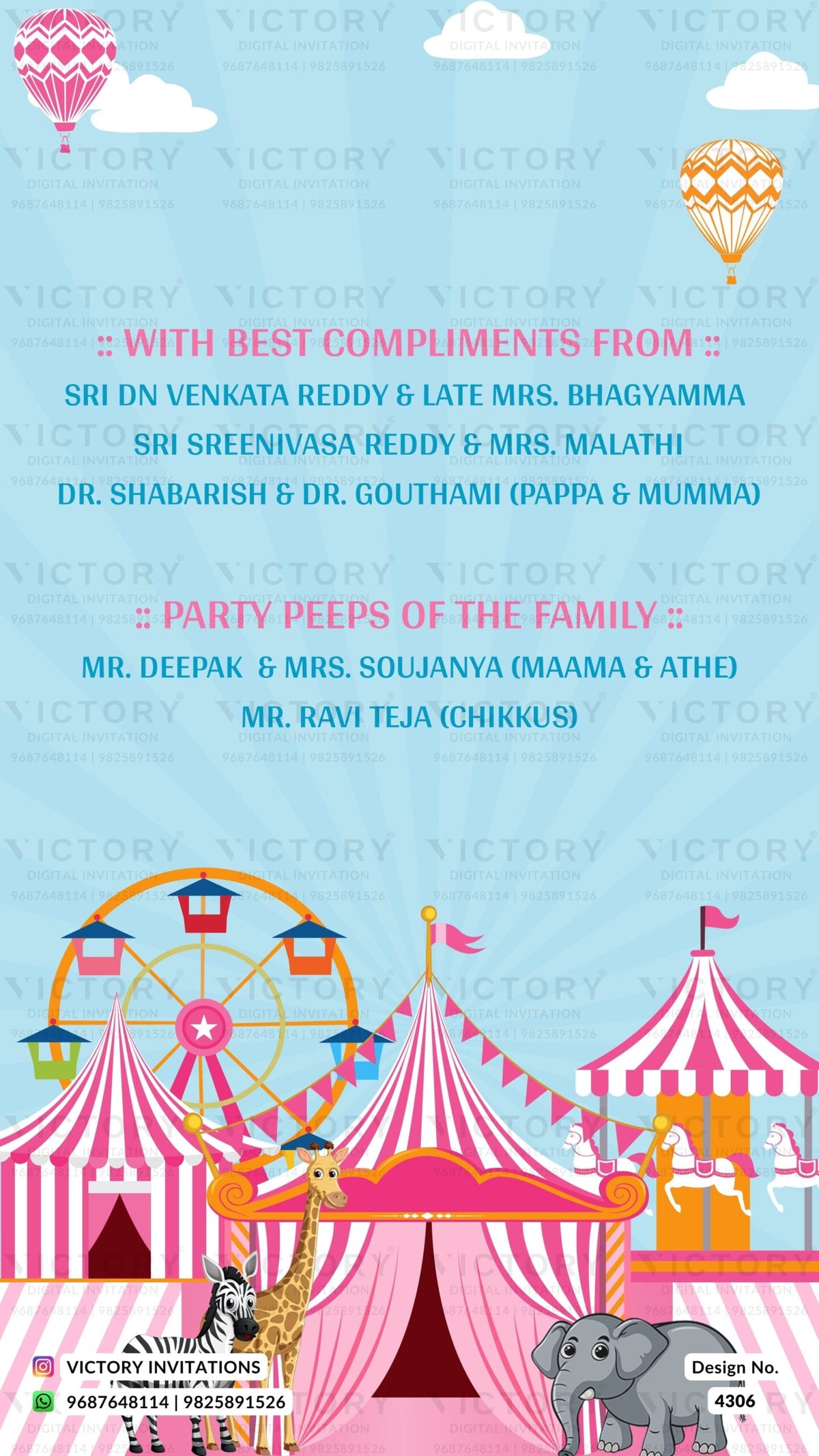 Birthday party invitation card for girl in english language with animal, circus tent, ferris wheel as carnival theme design 4306