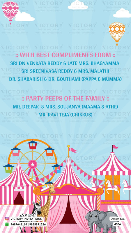 Birthday party invitation card for girl in english language with animal, circus tent, ferris wheel as carnival theme design 4306